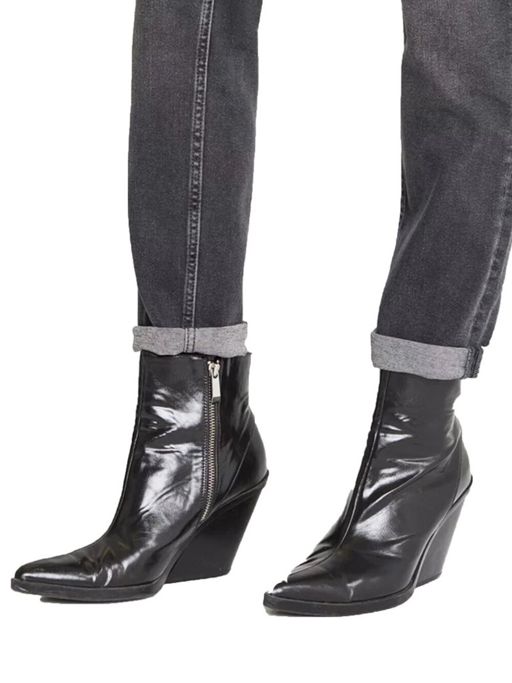 ZARA Black Leather Western Pointed Toe Edgy Ankle Booties Size 41